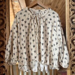 A New Day Linen Cream and Black Floral Blouse